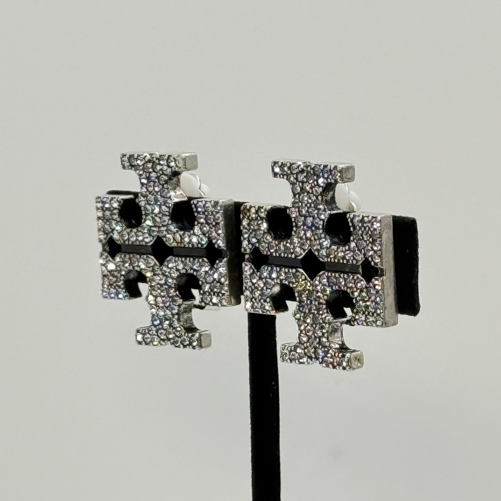 Tory Burch Silver T Logo Large  Crystal Clip-On Earrings - Picture 3 of 5
